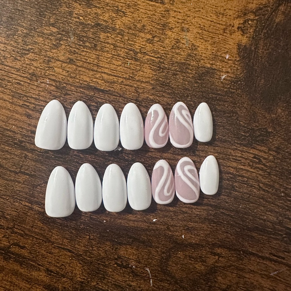 White and Pink Swirl Press-On Nails